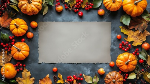Creative Autumn Decoration With Pumpkins and Leaves on Rustic Tabletop.