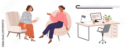 Two women engaged in conversation on comfortable chairs near a work desk with a computer, lamp, plant, and organized drawers. Ideal for collaboration, communication, teamwork, office dynamics