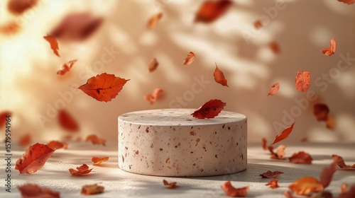 Floating Autumn Leaves Surround a Textured Circular Block in a Warm Setting