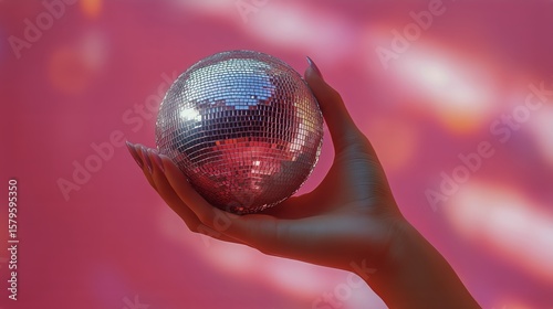 Hand Holding a Disco Ball Against a Pink Background With Soft Lighting Effects.