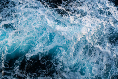 Sea water splash with foamy wave. Water surface texture. Tropical islands ferry travel. Cruiseliner trail. Ocean background. White water of sea. Marine travel banner template. Seaside vacation concept