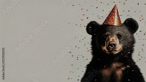 Cute Bear Wearing a Birthday Hat Celebrates With Colorful Confetti in a Cheer...
