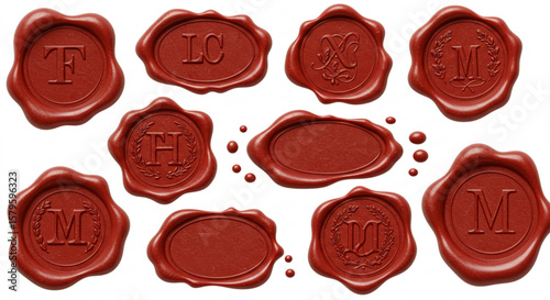 Collection of red wax seals with various initials and designs on a white background showing details created with generated ai
