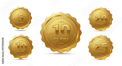 Golden seal collection celebrating anniversaries of five ten twenty and twenty five years on a white background created with generated ai