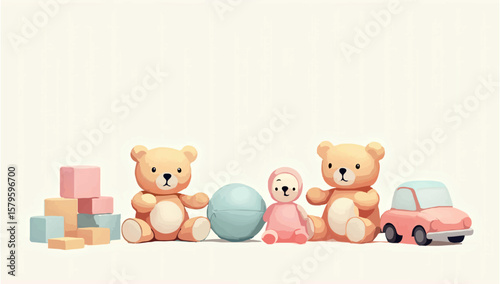 Pastel Toys Arranged in a Row on Cream Background

