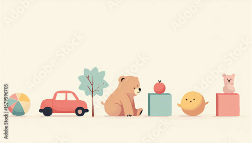 Pastel Toys Arranged in a Row on Cream Background

