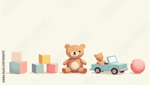 Pastel Toys Arranged in a Row on Cream Background

