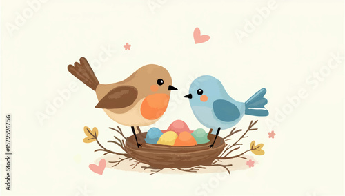 Two birds perched on a nest full of colorful eggs

