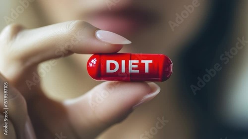Close-up of a hand holding a red pill with the word 