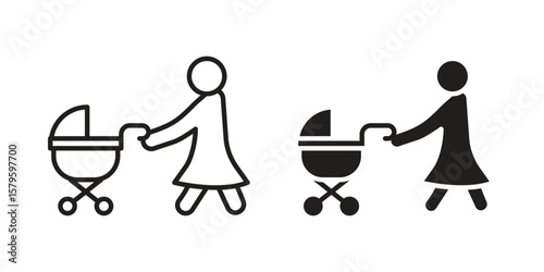 Woman with Baby Stroller icon vector, sign and symbol for design, website or apps elements.