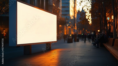 Busy Urban Street at Twilight With Empty Advertising Display and Pedestrians ...
