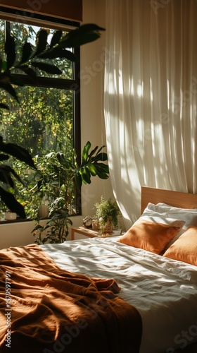Serene Bedroom With Natural Light and Green Plants Creating a Calming Atmosph...