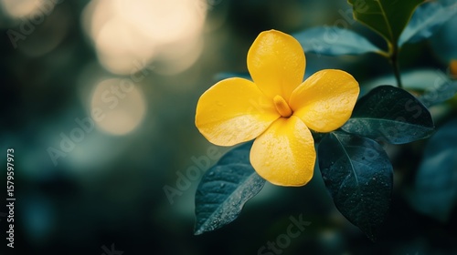 Bright Yellow Flower Blooms Amidst Lush Green Leaves in a Tranquil Garden Set...