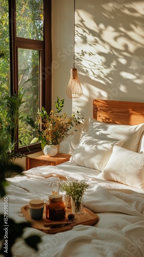Cozy Bedroom Interior With Natural Light and Floral Accents in a Serene Setting