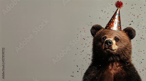 Birthday Celebration of a Bear Wearing a Festive Hat With Confetti in the Air