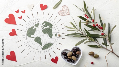 Earth day love concept with globe drawing hearts and olive branch for eco friendly lifestyle design