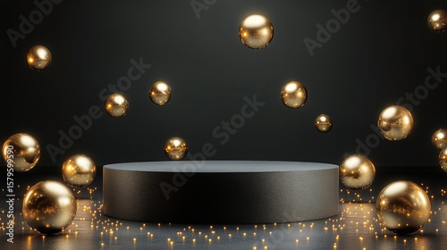 Floating Gold Spheres Surround a Dark Pedestal in a Modern Display Setting Du...