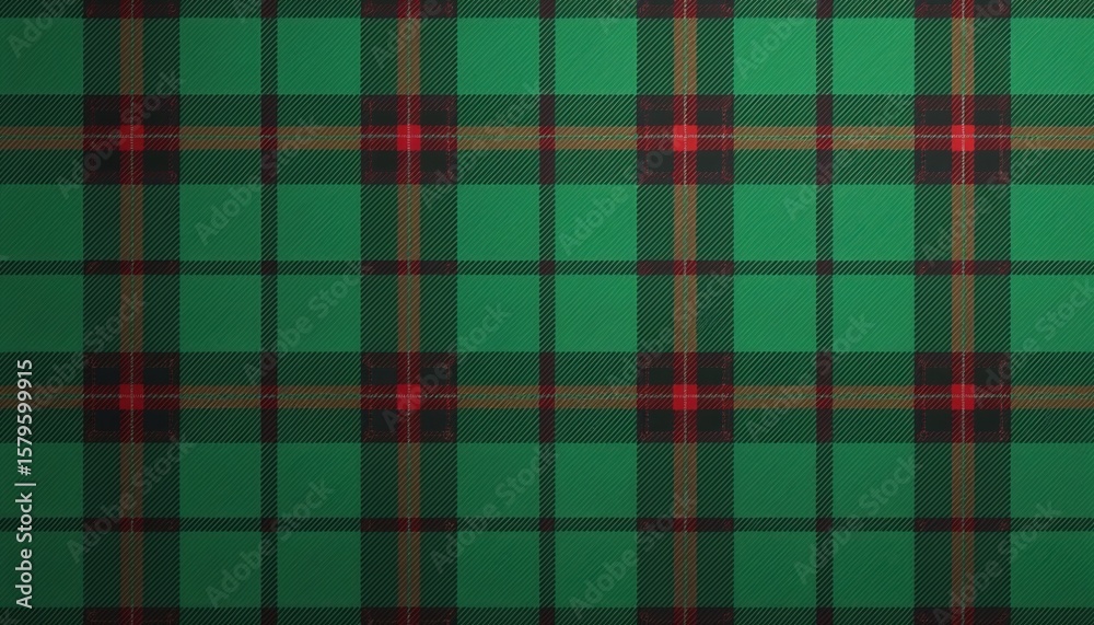 Fototapeta premium Green tartan plaid pattern. Classic textile design features intersecting lines in shades of green, red, brown. Repeating checkered weave offers traditional, versatile background for various creative