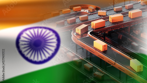 India flag overlaid on automated conveyor system with moving boxes, symbolizing Indian logistics, shipping, and export industry. - Logistics. Export. Automation.