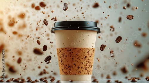 Coffee Cup Splashes With Liquid Amidst Flying Coffee Beans in Dynamic Composi...