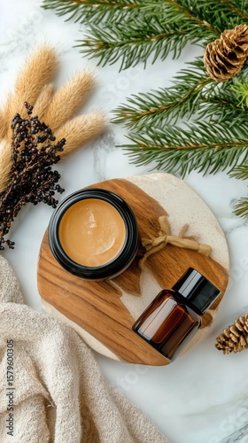 Natural Skincare Products Arranged on a Wooden Tray With Pine Branches and Dr...