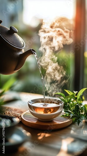 Steaming Tea Poured From a Kettle Into a Warm Cup Near Green Plants in a Cozy...