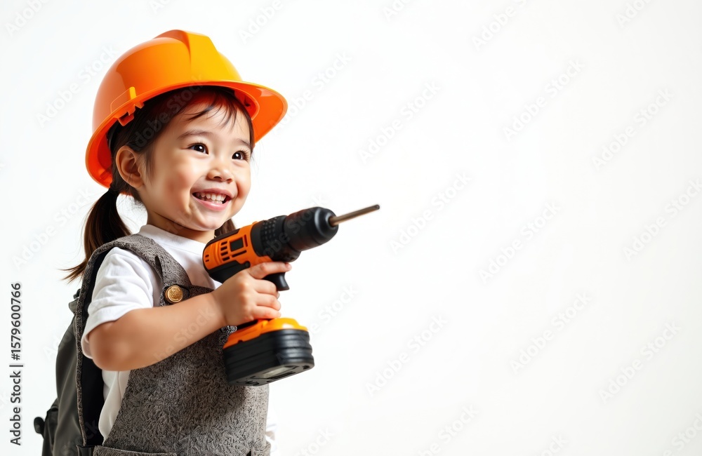 Little girl in orange helmet holds drill. Child plays builder, renovation concept. Cute kid in overalls on white isolated background. Cheerful young worker ready for construction job. Little girl in orange helmet holds drill. Child plays builder, renovation concept. Cute kid in overalls on white isolated background. Cheerful young worker ready for construction job.