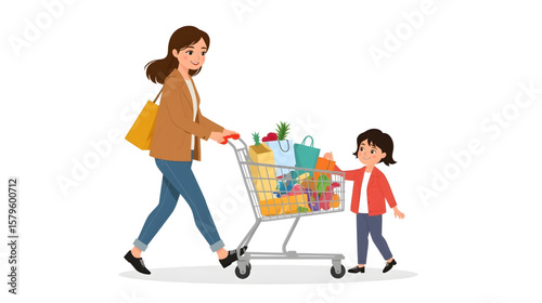 An illustration of a smiling mother shopping with her two happy children, pushing a full grocery cart and carrying shopping bags, symbolizing family bonding, daily life, and consumer lifestyle.