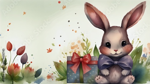 Cute Bunny With Bow and Gift Surrounded by Flowers in a Soft, Colorful Backgr...