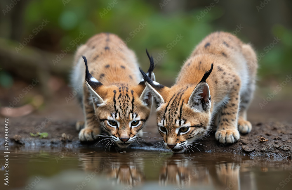 Obraz premium Two Iberian lynx cubs drink water from puddle in forest habitat. Young wildcats with spotted fur and tufted ears. Endemic Iberian fauna depicted in natural outdoor environment during summer season.