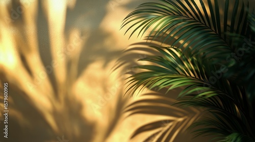 Shadows of Tropical Leaves Creating an Artistic Display on a Wall at Sunset