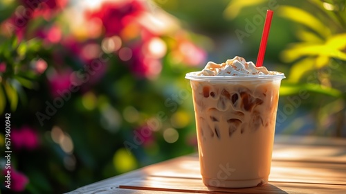 Refreshing Iced Beverage Placed on a Wooden Table in a Sunny Outdoor Setting ...