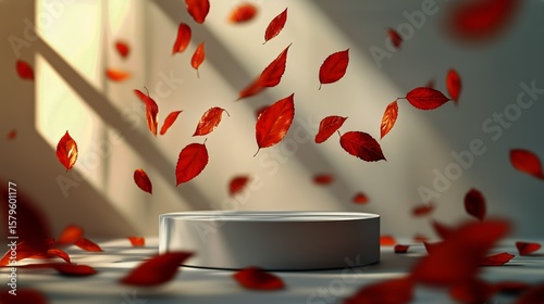 Leaves Swirl Around a Circular Platform in a Serene Autumn Setting.