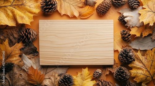 Rustic Wooden Board Surrounded by Autumn Leaves and Pine Cones on Warm Orange...