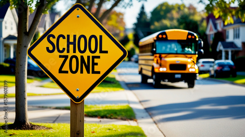 School zone warning sign with yellow school bus arriving on a sunny suburban street, representing back to school season, student commute, and the start of a new academic year
