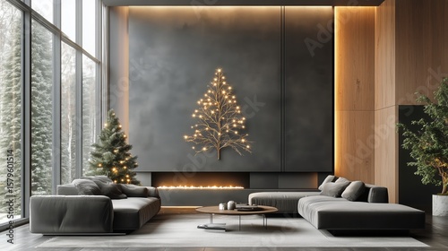 Cozy Modern Living Room With Christmas Decorations and Warm Lighting During W...