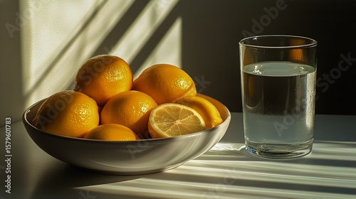 Fresh Lemons on Display With Glass of Water in Morning Light in a Cozy Kitche...