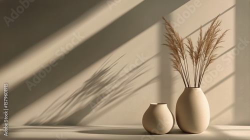 Two Elegant Vases Sit Beside Each Other, Filled With Dried Plants in a Soft, ...