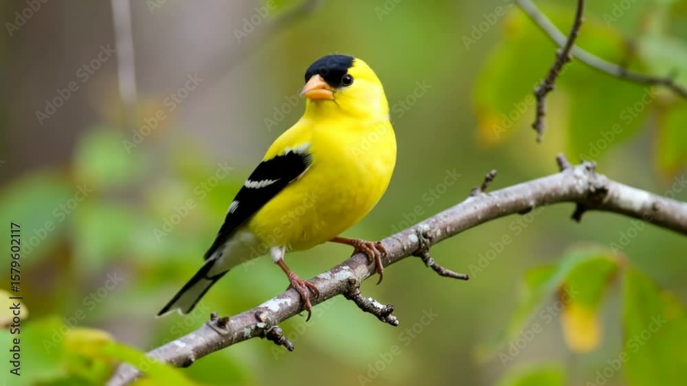 Bright yellow bird with black accents perched on a tree branch Bright yellow bird with black accents perched on a tree branch