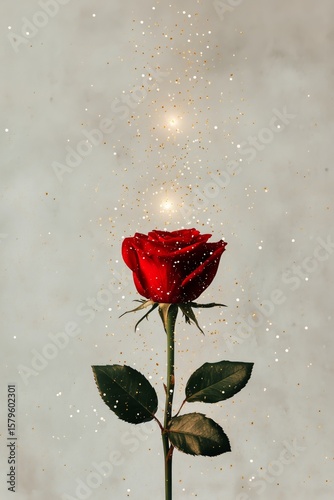 Elegant Red Rose With Golden Sparkles Against a Soft Background Creating a Ma...