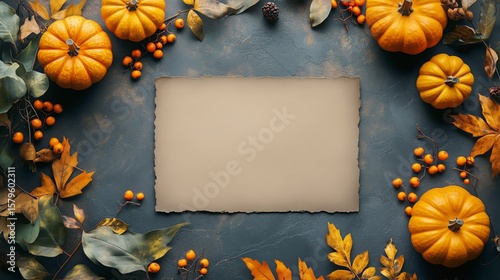 Creative Autumn Decoration With Pumpkins and Leaves on Rustic Tabletop