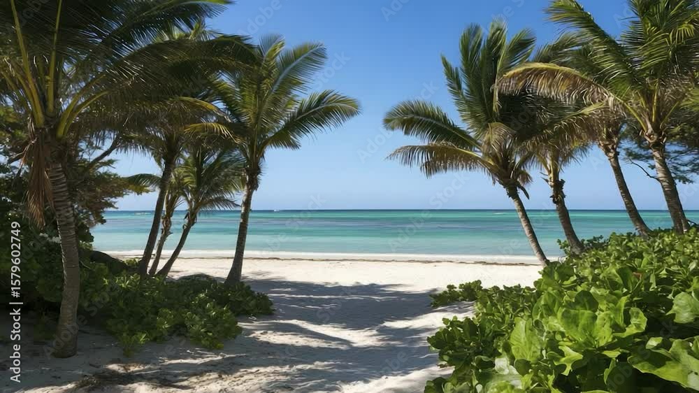 Idyllic tropical beach scene with palm trees framing a pristine white sand beach and turquoise ocean. Idyllic tropical beach scene with palm trees framing a pristine white sand beach and turquoise ocean.