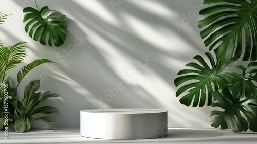 Display Platform Surrounded by Lush Green Plants in a Well-Lit Indoor Setting.