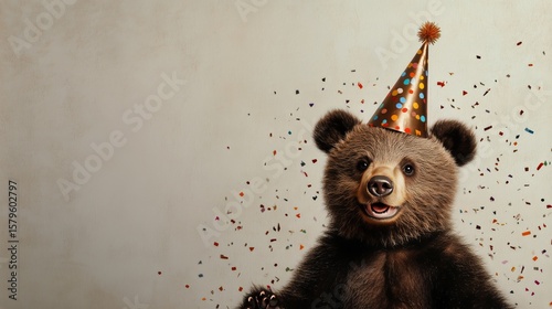 Birthday Celebration of a Bear Wearing a Festive Hat With Confetti in the Air.