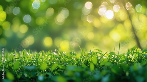 Soft Sunlight Filters Through Green Leaves Over a Lush Grass Field in a Seren...