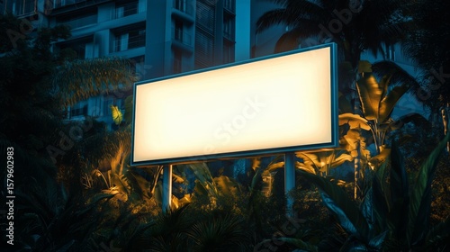 Illuminated Blank Billboard Surrounded by Tropical Plants at Dusk in an Urban...