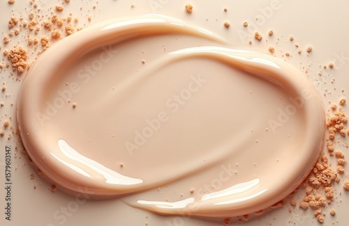 Close-up of beauty gel texture featuring particles. Cosmetic product in beige, gold tones creamy, fluid consistency with visible strokes, fine grains. Perfect for skincare, makeup, cosmetology