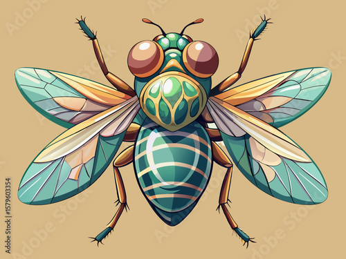 vector of A close-up of a delicate fly shows off transparent wings.