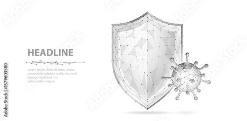 Shield vs virus. Abstract vector 3d shield viral microbe vs shield isolated. Computer virus safety, bacterial protection, pandemic fight