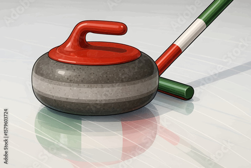 Vector curling stone sliding with Italian flag broom reflection on ice. / Pietra curling vettoriale scivola su ghiaccio, riflesso bandiera italiana su scopa, immagine pulita e realistica.